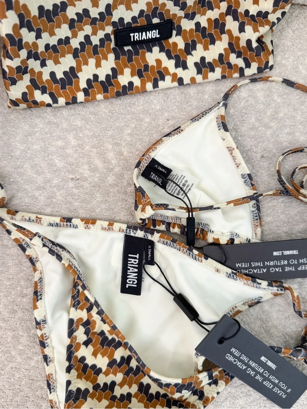Triangl swimwear vinca confetti geo string bikini NWT size XS brown/cream